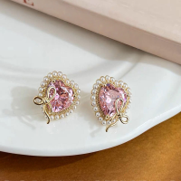 wholesale S925 silver heart-shaped zirconia stud earrings for women, small and unique, luxurious with a sense of sophistication, featuring pearl and bow accents-xb1107-gold pink diamond
