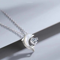 wholesale S925 Sterling Silver Dolphin Natural Mother-of-Pearl Heart Necklace for Women, New Design Small Luxury Pendant Collarbone Chain-Shell Dolphin Necklace (Copper with Platinum Plate)