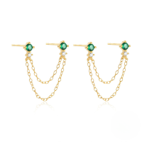 wholesale S925 Sterling Silver Double-layer Chain Star Tassel Zircon Accent Earrings For Women-Gold#3 925 Silver