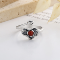 wholesale S925 sterling silver inlaid with southern red agate lotus leaf and lotus flower ring, fashionable retro ethnic style index finger ring-0-2