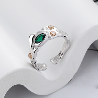 wholesale S925 Sterling Silver Retro Creative Green Zirconia Unique Statement Punk-Style Open Ring-DJ1170F/Platinum approx. 4.6g &gt; Adjustable opening