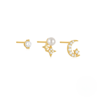 wholesale 925 Sterling Silver Star, Moon, Sun, Quatrefoil Ear Stud Set With Classic Zircon Accents, Pearls, And Versatile Ins Style-3-piece set Gold#1 925 silver