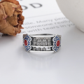wholesale S925 Silver Retro Antique Style Resin-Inlaid Southern Red Agate Auspicious Cloud Abacus Rotatable Open Ring-0-1