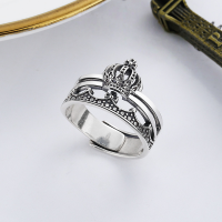 wholesale S925 Sterling Silver Vintage Antique Finish Double-Layer Hollow Crown Design Minimalist Niche Open Adjustable Ring for Women-YJ543/approx. 5g Adjustable opening