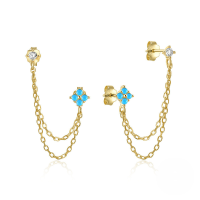 wholesale S925 Sterling Silver Ins-style Chain Tassel Crystal Earrings-Gold-Turquoise