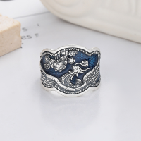 wholesale S925 Sterling Silver Vintage Style Enamel Plique-à-jour Blue Peony Phoenix Exquisite Adjustable Ring-YJ1069/approx. 5.8g Adjustable opening