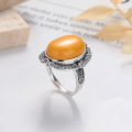 wholesale S925 Sterling Silver Retro Fashion Exaggerated Oval Amber Beeswax Stone Ring with Ornate Luxurious Pattern Index Finger Ring-0-2