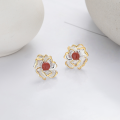 wholesale S925 Sterling Silver Gold-Flower Inlaid Southern Red Agate Ear Studs French Literary Retro Ethnic Style Elegant Earrings-0-1