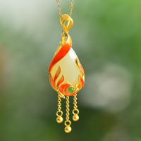wholesale 925 silver gold-plated natural Hetian jade pendant with cold enamel phoenix tassel necklace, paired with Hanfu jade pendant accessories-Cold Enamel Phoenix Teardrop Jade Pendant (without chain)