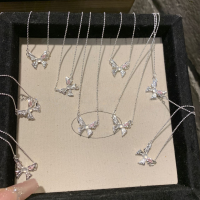 wholesale S925 Sterling Silver Young Girl Sense Butterfly Small Design Fold Pink Diamond High Ice Chalcedony Necklace Sweet Butterfly Collarbone Chain-Silver 925 silver
