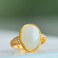 wholesale 925 silver gold-plated openwork "Jade Maiden" ring in court retro style, featuring inlaid Hetian white jade and green jade with ingot motifs-0-0