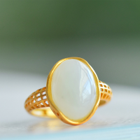 wholesale 925 silver gold-plated openwork "Jade Maiden" ring in court retro style, featuring inlaid Hetian white jade and green jade with ingot motifs-White Jade 10*14 Model>Opening adjustable