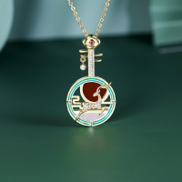 wholesale S925 Sterling Silver Dunhuang Style Pipa Nine-Colored Deer Pendant with Inlaid Red Agate and Shell, National Trend Necklace for Women, Collarbone Chain-14K gold 925 silver