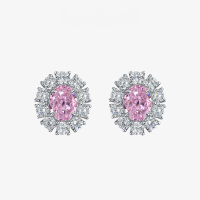 wholesale 925 Silver Jewelry New 2ct High Carbon Diamond Earrings for Women, High-End Ice Flower Cut Pink Oval 7*9-Rose Orange [E-2046] Main Stone 7*9