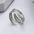 wholesale S925 Sterling Silver Retro Vintage Classic Feather Three-Dimensional Design Leaf Symbol Open Adjustable Ring-0-2