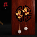 wholesale 925 silver gold-plated with certificate ancient style 10mm white jade beads long earrings with floral design and southern red agate-0-0