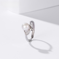 wholesale S925 Sterling Silver Korean and Japanese Style Minimalist Design Leaf-Shaped Crystal Zircon and Freshwater Pearl Ring for Women-0-0