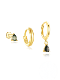 wholesale S925 Sterling Silver Geometric Moss Agate And Zircon Studded Cartilage Earring Hoop Set For Women, A Popular European And American Style-3 pieces set#3&gt;925 silver