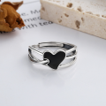wholesale S925 Sterling Silver Retro Resin Enamel Black Heart Double-Layer Interlaced Open Adjustable Index Finger Ring-0-1