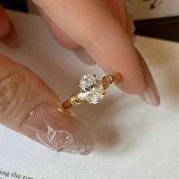 wholesale Metal: S925 Sterling Silver Gold Plated New Oval 6*8mm Single Diamond Ring for Women, Simple and Elegant-R1148 Gold Ring Size 8