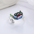 wholesale S925 Sterling Silver Retro Antique Matte Craft Resin Green Leaf Lotus Three-Dimensional Trendy Adjustable Ring-0-1