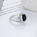 wholesale S925 Sterling Silver Leaf Flower Egg-Shaped Black Zircon Ring Vintage Literary Palace Style Elegant Index Finger Ring-0-2