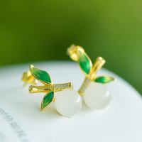 wholesale Sterling Silver with Certificate New Chinese Style Ancient Enamel Bamboo Joint Leaf Inlaid Hetian Jade Bead Jade Earrings Ear Studs for Women-Silver 925 silver