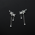 wholesale Sterling Silver Floral Earrings for Women Korean Minimalist Style with Inlaid Diamond Five-Petal Flower Sweet Tassel Long Drop Earrings G0598-0-0