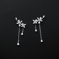 wholesale Sterling Silver Floral Earrings for Women Korean Minimalist Style with Inlaid Diamond Five-Petal Flower Sweet Tassel Long Drop Earrings G0598-S925 silver