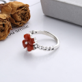 wholesale S925 Sterling Silver Retro Creative South Red Agate Four-Leaf Clover Design Open Adjustable Ring Classic Fashion Band-0-2