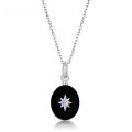 wholesale S925 Sterling Silver Plated White Gold, Korean Style Minimalist Geometric Black Onyx Pendant with Synthetic Opal Collarbone Chain for Women-0-0