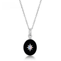 wholesale S925 Sterling Silver Plated White Gold, Korean Style Minimalist Geometric Black Onyx Pendant with Synthetic Opal Collarbone Chain for Women-Thick silver platinum (excluding chain)  925 silver