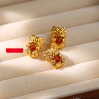 wholesale S925 gold-plated lion dance through-hole spacer beads accessories, handmade DIY design bracelet cord fittings with southern red agate-Nanhong Lion Dance