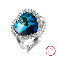 wholesale S925 Sterling Silver Cloud-Pull Jewelry Heart-Shaped Blue Austrian Crystal Diamond Ring for Women, Luxury Jewelry Wholesale-Platinum, approximately 8g