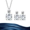 wholesale S925 Sterling Silver 10-Carat Square Asscher Cut Moissanite Necklace and Earrings Set for Women-0-0