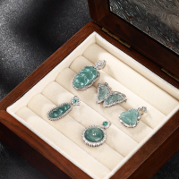 wholesale S925 Silver Natural Jadeite Gourd, Lucky Bean, Buddha, and Butterfly Inlaid with Bamboo Joint Leaf New Chinese Style Necklace for Women-Blue Water Jade Bean Pendant