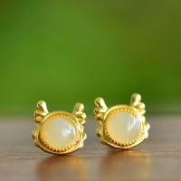 wholesale 925 Sterling Silver Gold-Plated with Certificate, Ancient Style Dragon Year Zodiac Jade Earrings Inlaid with Hetian Jade, Ear Studs for Women-Gold 925 silver