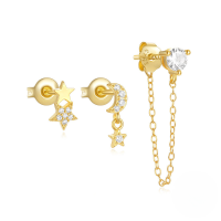 wholesale S925 Sterling Silver With Inlaid Zircons Star And Moon Marquise Earrings, Ear Hoops, Popular Among European And American Ins Trendsetters-Set of 3 - Gold #5 925 Silver