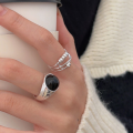 wholesale S925 Sterling Silver Oval Black Agate Open Adjustable Ring for Women, Small and Chic, Ins Trendy, Versatile, Heavy Duty, High-End Sense Ring-0-1