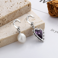 wholesale S925 Sterling Silver Korean-style Creative Light Luxury Asymmetric Pearl Heart Purple Zircon Special Edition Earrings-YFR162M approx. 5.4g  925 silver