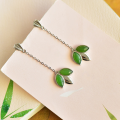 wholesale 925 Sterling Silver with Hetian Jasper Green Jade Long Leaf Earrings-0-3