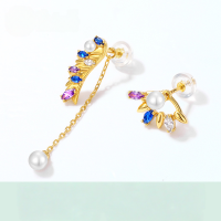 wholesale Metal material, asymmetrical shell pearl angel wing stud earrings for women, elegant long tassel-colored zirconia earrings, Japanese fresh and minimalist style, wholesale-Spinel>925 silver