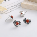 wholesale S925 silver antique-style Ruyi-shaped earrings with southern red agate, exuding a literary and courtly charm-0-1