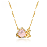 wholesale 925 silver Korean and Japanese style cute bear necklace, fashionable and trendy, inlaid with natural rose quartz, wholesale from niche manufacturers-10K gold + swimming paint  925 silver