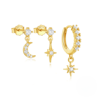 wholesale S925 Sterling Silver Evil Eye Octagram Moon Zircon-encrusted Hoop Earring Set With Classic European Pearls-3-piece set - Gold#2 925 silver