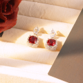 wholesale S925 silver plated with 18k gold, 8mm lab-grown ruby in vintage premium cushion cut stud earrings for women-0-1