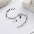 wholesale S925 Sterling Silver Chunky Chain Bow Square Cubic Zirconia Green Embedded Bracelet Gentle Sweet Fairy Style Hand Accessory-0-2