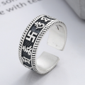wholesale S925 Sterling Silver Retro Antique Blackened Matte Finish Heart Sutra Mantra Swastika Adjustable Ring Unisex-0-0