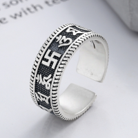 wholesale S925 Sterling Silver Retro Antique Blackened Matte Finish Heart Sutra Mantra Swastika Adjustable Ring Unisex-YJ724/approx. 5.5g Adjustable opening