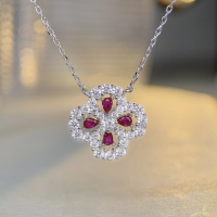 wholesale S925 Sterling Silver Wholesale Necklace for Women, Four-Leaf Clover Pendant with Red Gemstone, Collarbone Chain in Ins Style, Live Streaming Best-Seller Crystal Necklace-Blue Diamond
